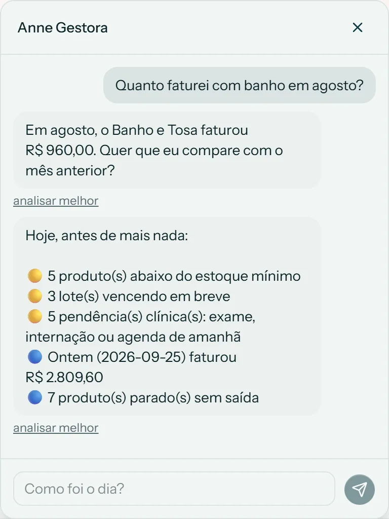 Conversa com a Anne Gestora: o dono pergunta quanto faturou com banho em agosto e ela responde com o valor