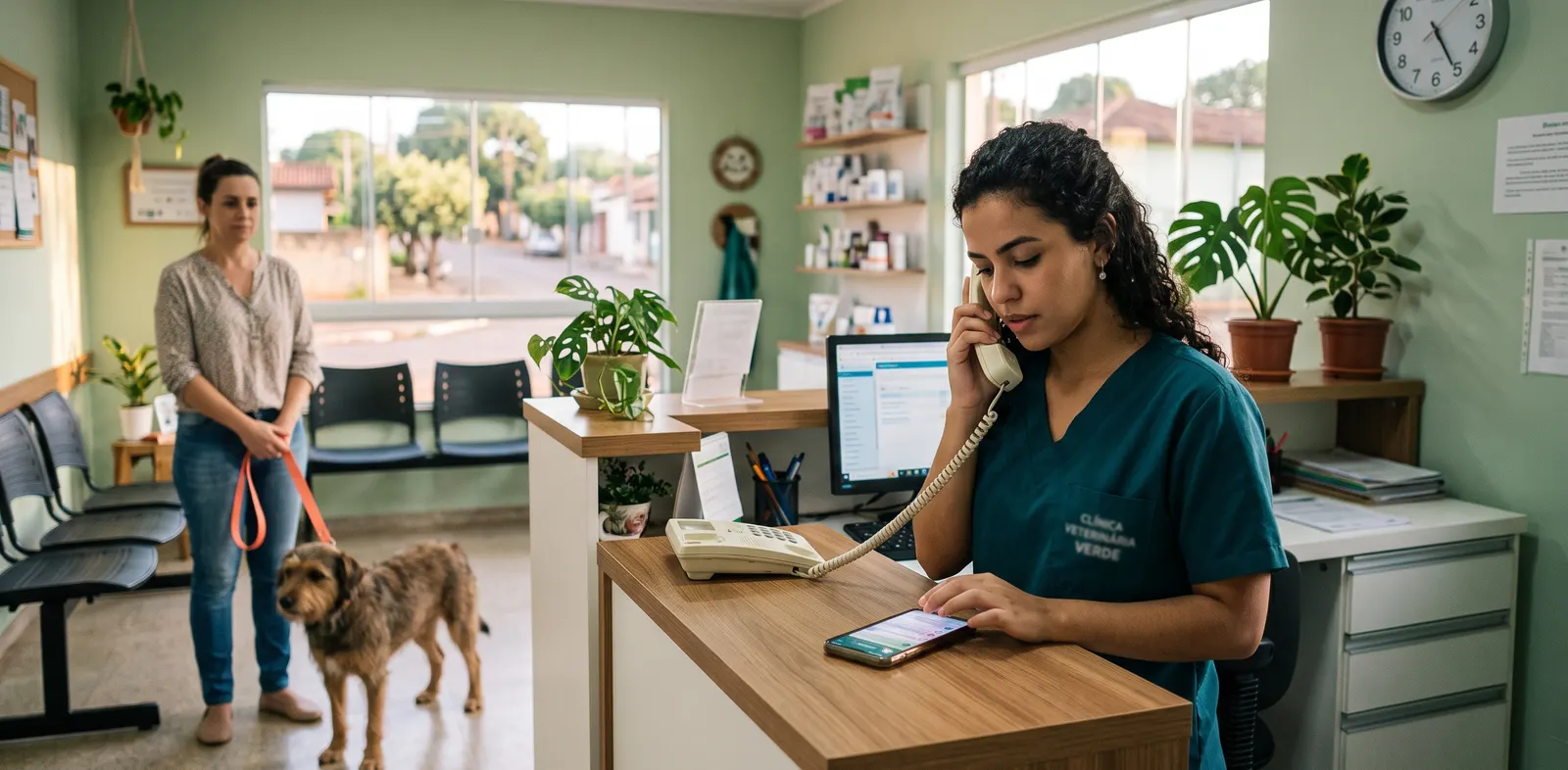 Recepcionista de clínica veterinária ao telefone, olhando mensagens no celular, enquanto uma tutora espera no balcão com o cachorro